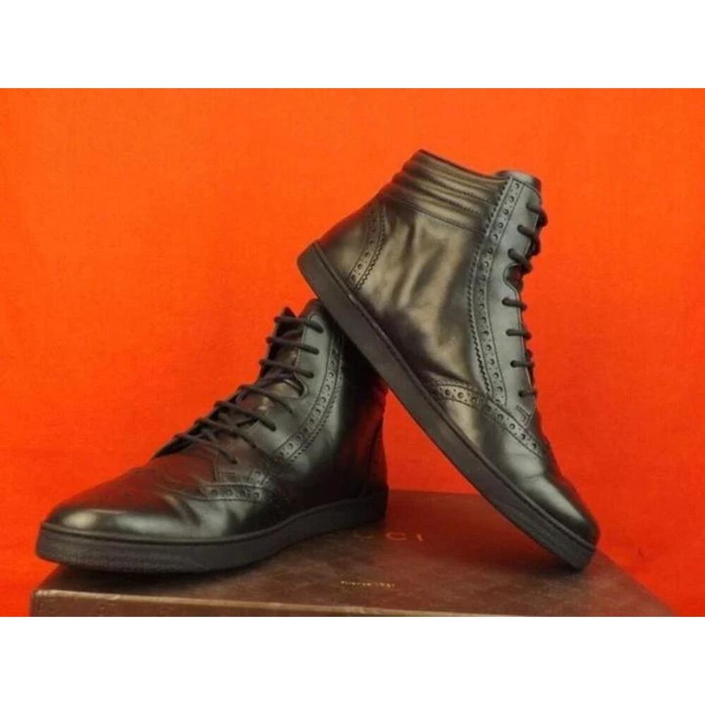 NIB GUCCI 295294 BLACK LEATHER WEB LOGO HIGH TOP SNEAKERS 6.5 $579 ITALY - Picture 5 of 7